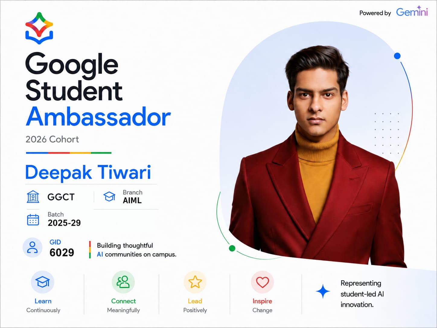 Google Student Ambassador 2026 cohort banner featuring Deepak Tiwari, powered by Gemini