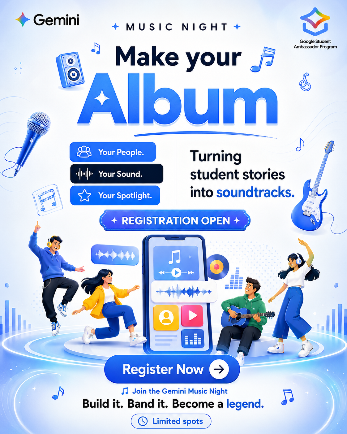 Gemini Music Night poster — Make Your Album, registration open, limited spots